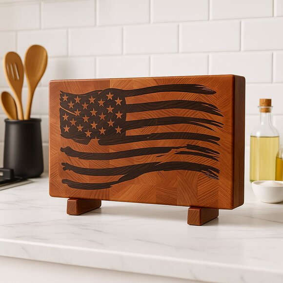 Handmade Maple End Grain Cutting Board – Walnut American Flag Inlay - Picture 1 of 4